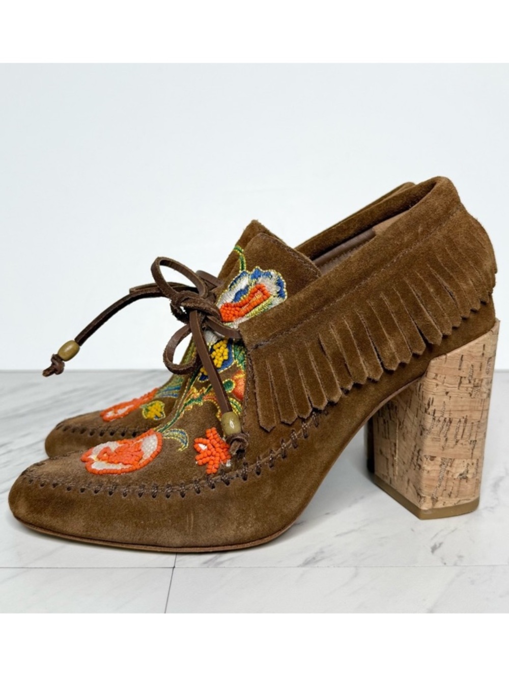 Tory Burch Huntington Fringe Brown Suede Beaded Bootie 5M
